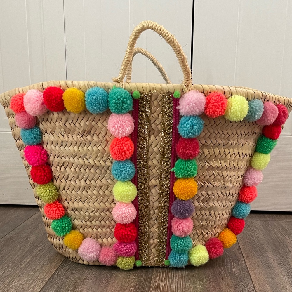 Beach tote - straw bag - pompom (AMICUORE)